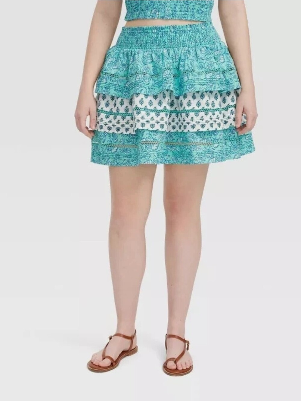 Roller Rabbit Garden Floral Tiered Mini Skirt Teal Womens Size Xl NWT
